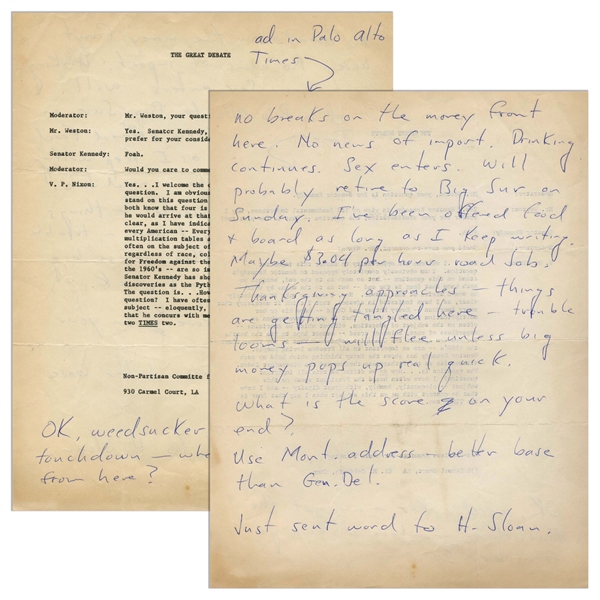 Hunter S. Thompson Autograph Letter Shortly After John F. Kennedy Was Elected -- Thompson Writes of JFK's Win, ''we got the touchdown - where do we go from here?''